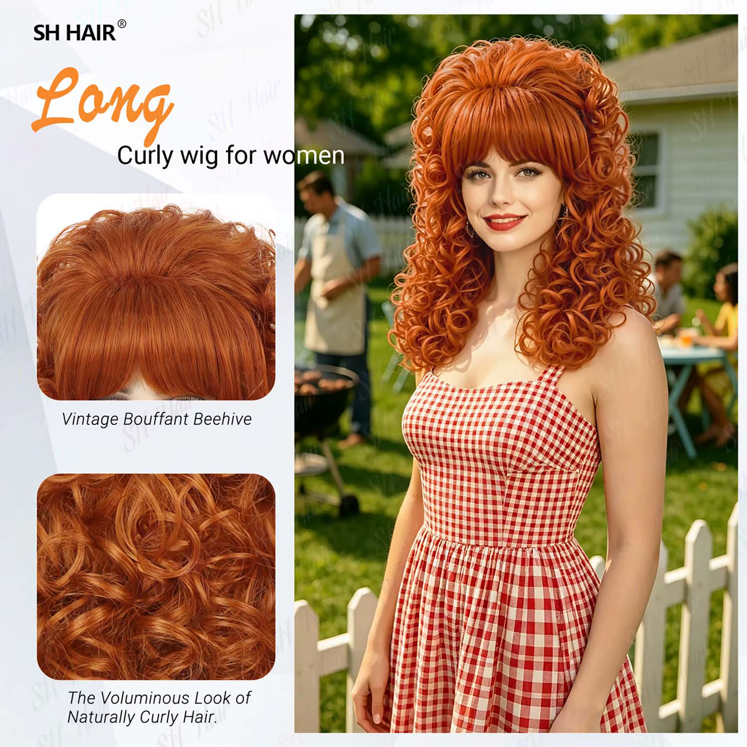 Perruque synthétique bouclée des années 80 avec frange pour femme