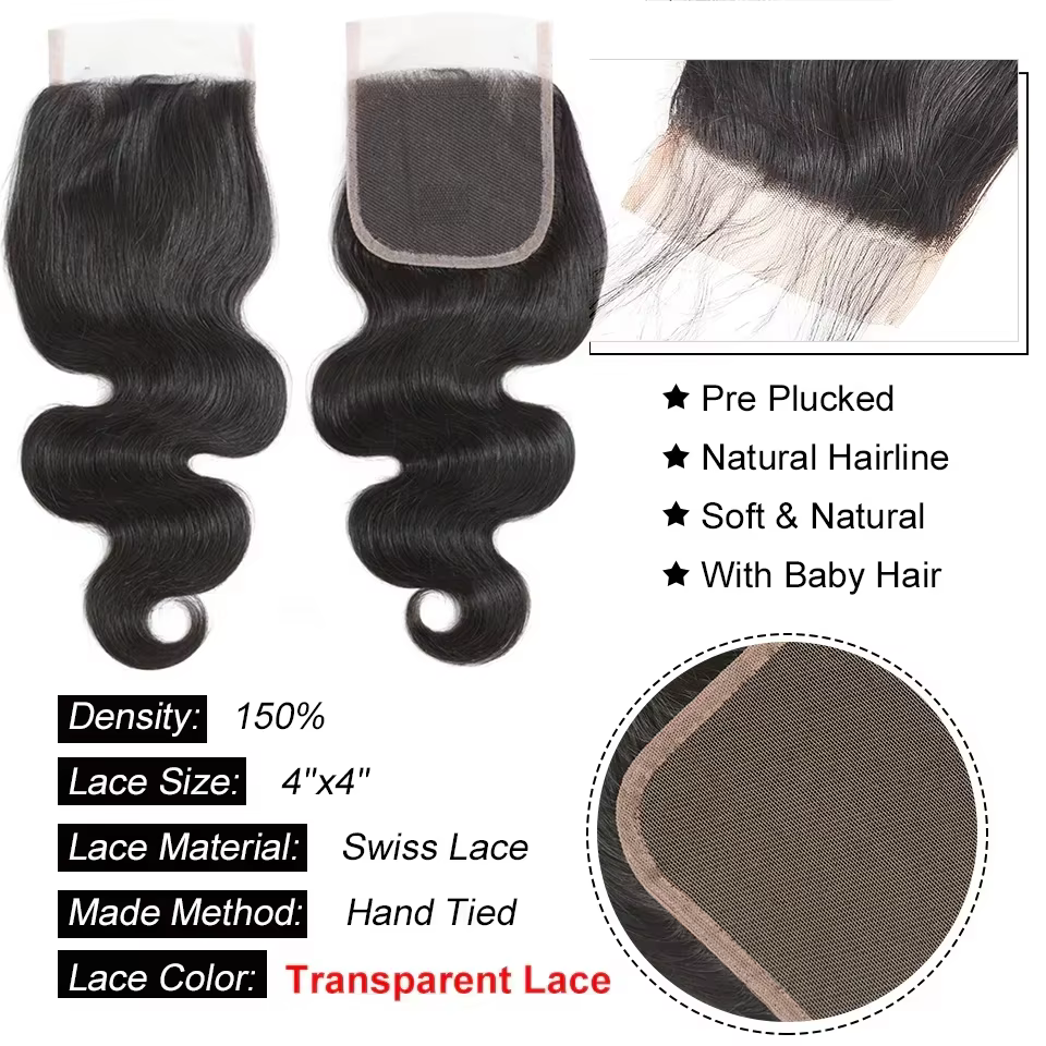 Extensions de Cheveux Humains Brésiliens Ondulés (Body Wave) – 3 Paquets avec Fermeture en Dentelle Transparente 4x4 –