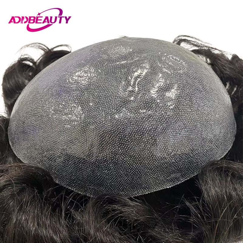 Hommes toupet avec noeuds peau mince prothèse capillaire pleine PU 0.08-0.1 cm indien perruques de cheveux humains