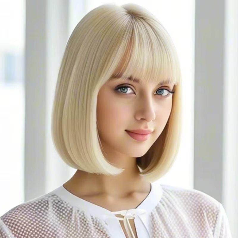 Luxueuse perruque synthétique à frange dorée de 12 pouces avec une texture élégante et volumineuse pour un usage quotidien et une occasion spéciale.