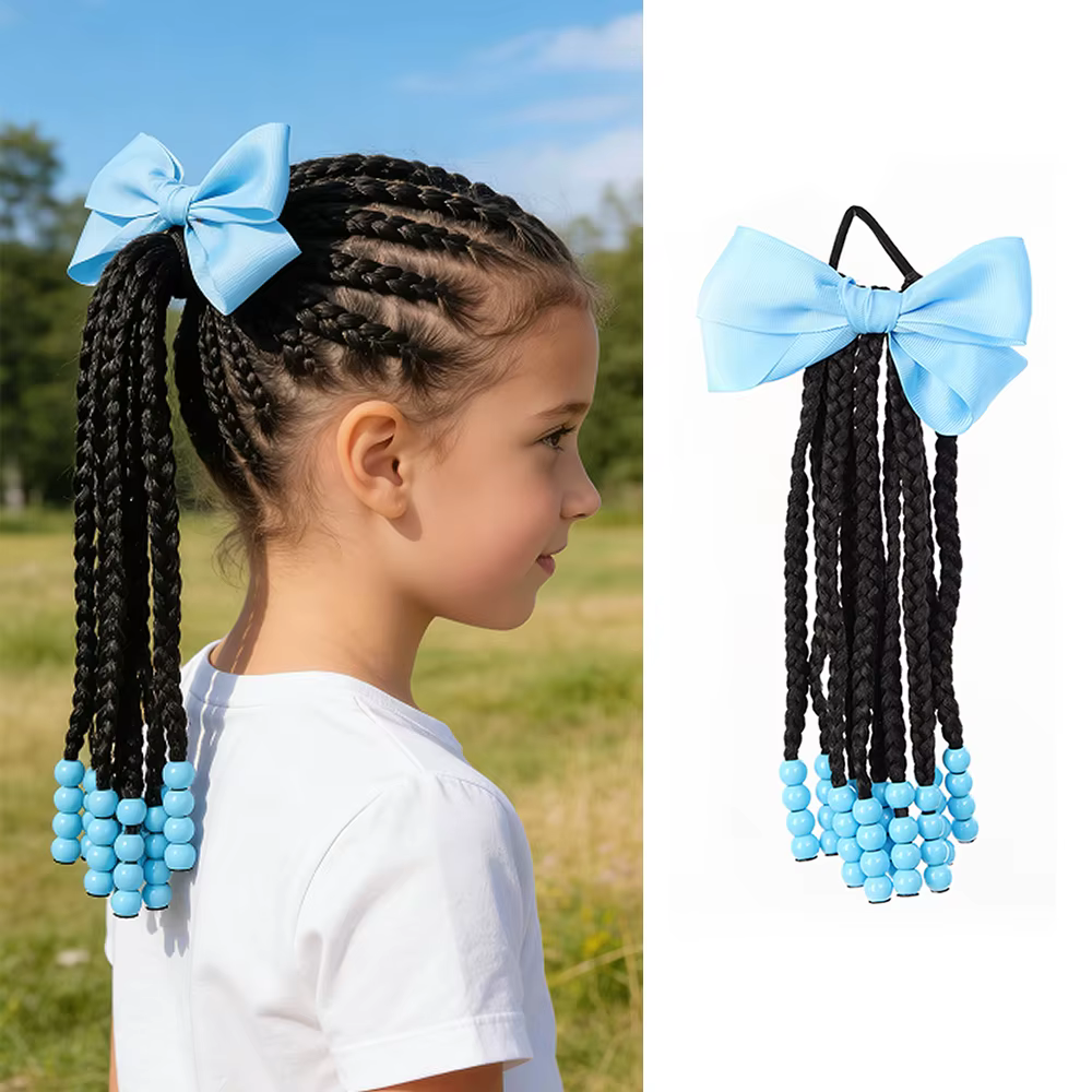 Extensions de cheveux tressées pour enfants avec perles et nœuds