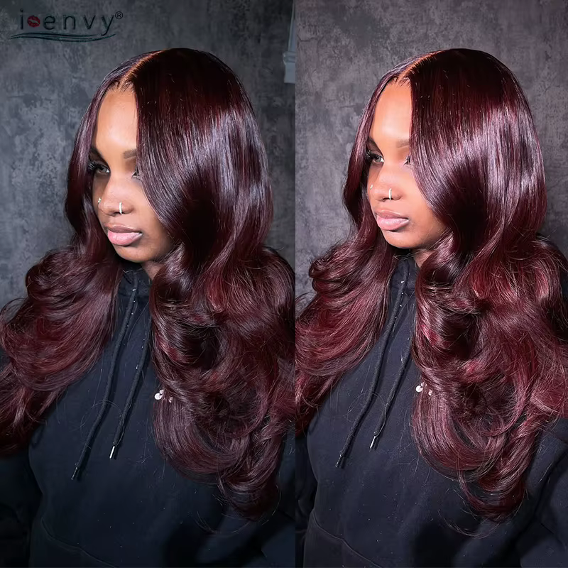 Perruque Lace Front Wig Body Wave Naturelle Bouclée Bordeaux