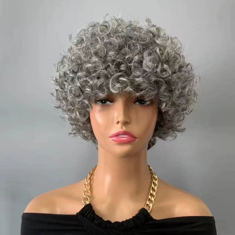 Miss Rola ondulé coupe lutin perruques 100% cheveux humains entièrement fait à la Machine gris et noir mettre en évidence perruque avec frange brésilienne Remy vagues