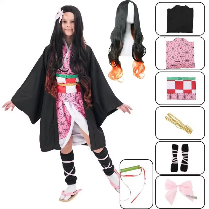 Nezuko Kamado Nezuko Cosplay Costume uniforme de perruque Nezuko avec accessoires pour adultes olympiques d'Halloween et de carnaval