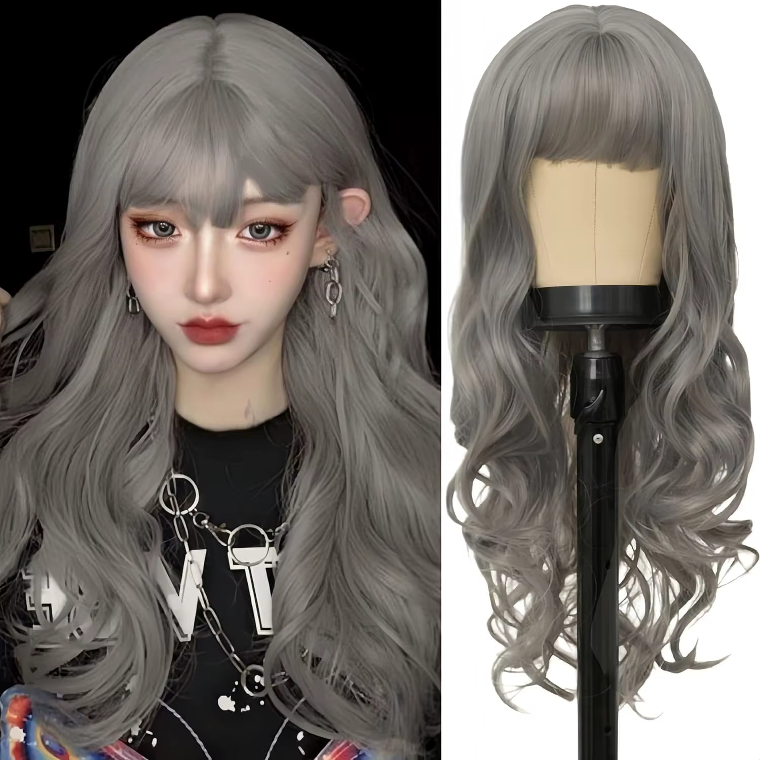 Perruque synthétique Grandma Grey de 26 pouces avec grandes vagues pour cosplay d'Halloween