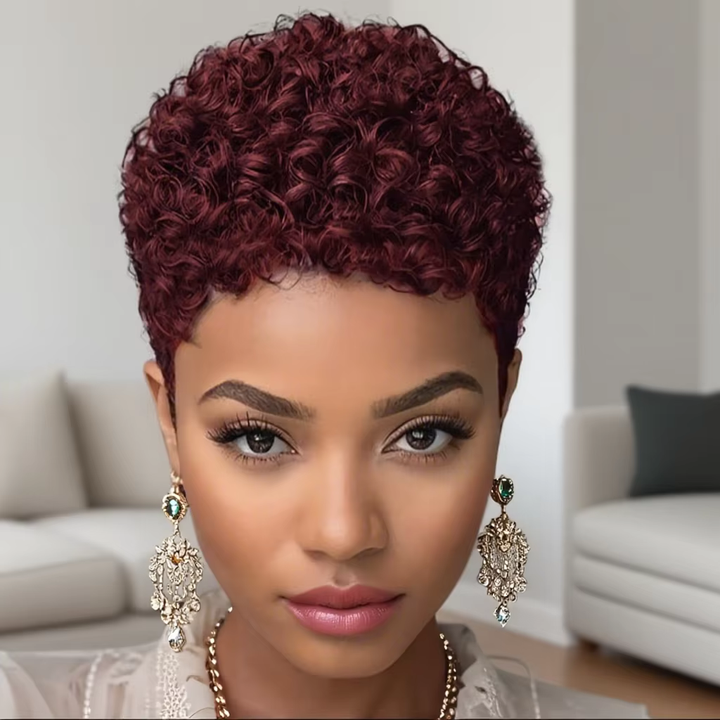 Perruques Afro courtes crépues bouclées perruque de cheveux humains coupe lutin Wi
