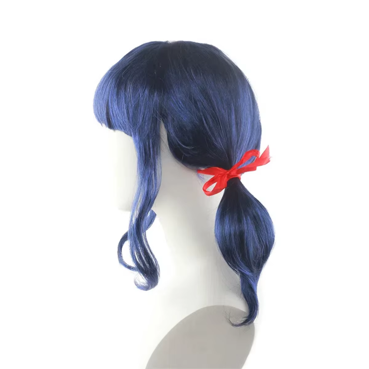 Perruque synthétique bleu marine bouclée à double queue de cheval avec nœuds rouges