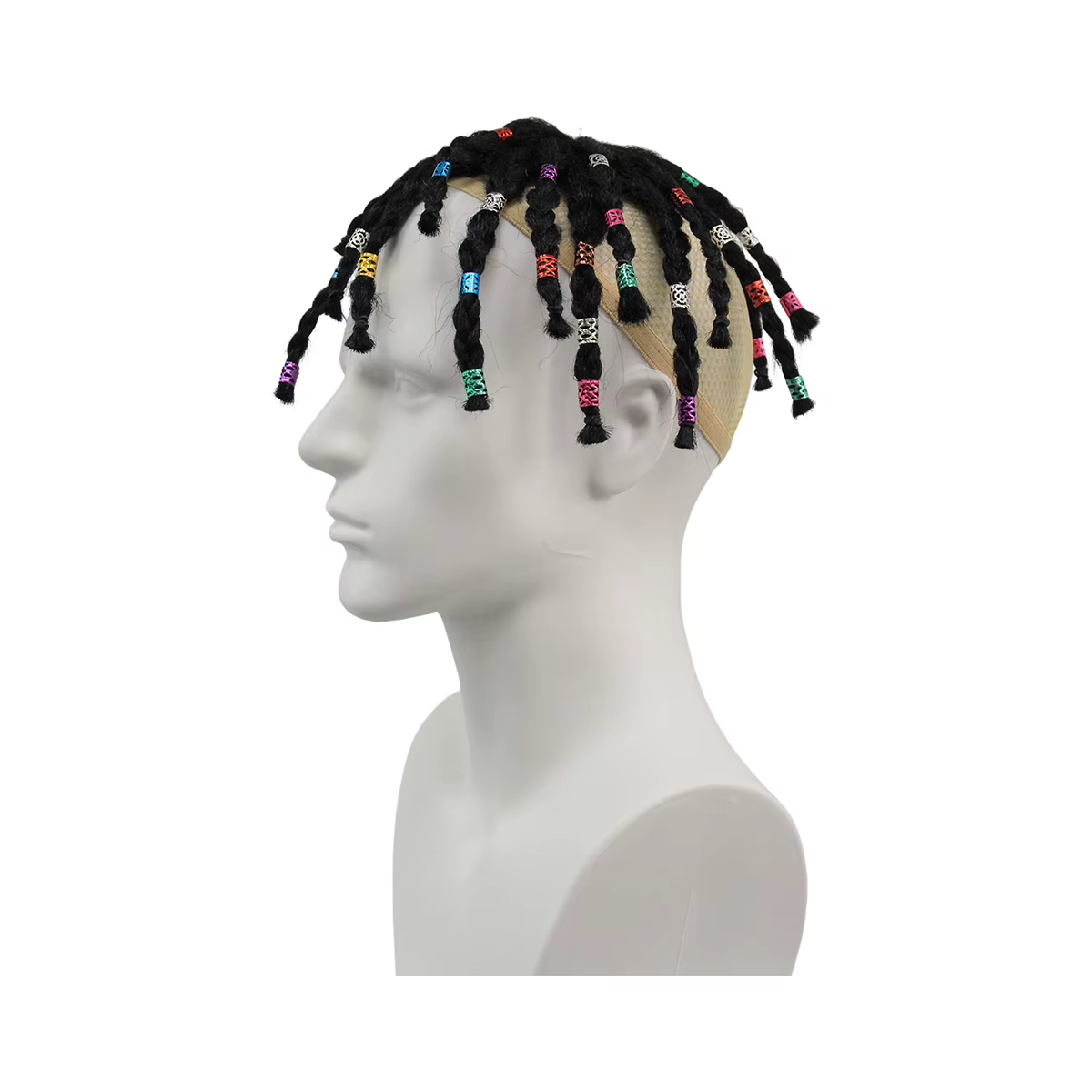 Perruque courte noire tressée avec perles colorées