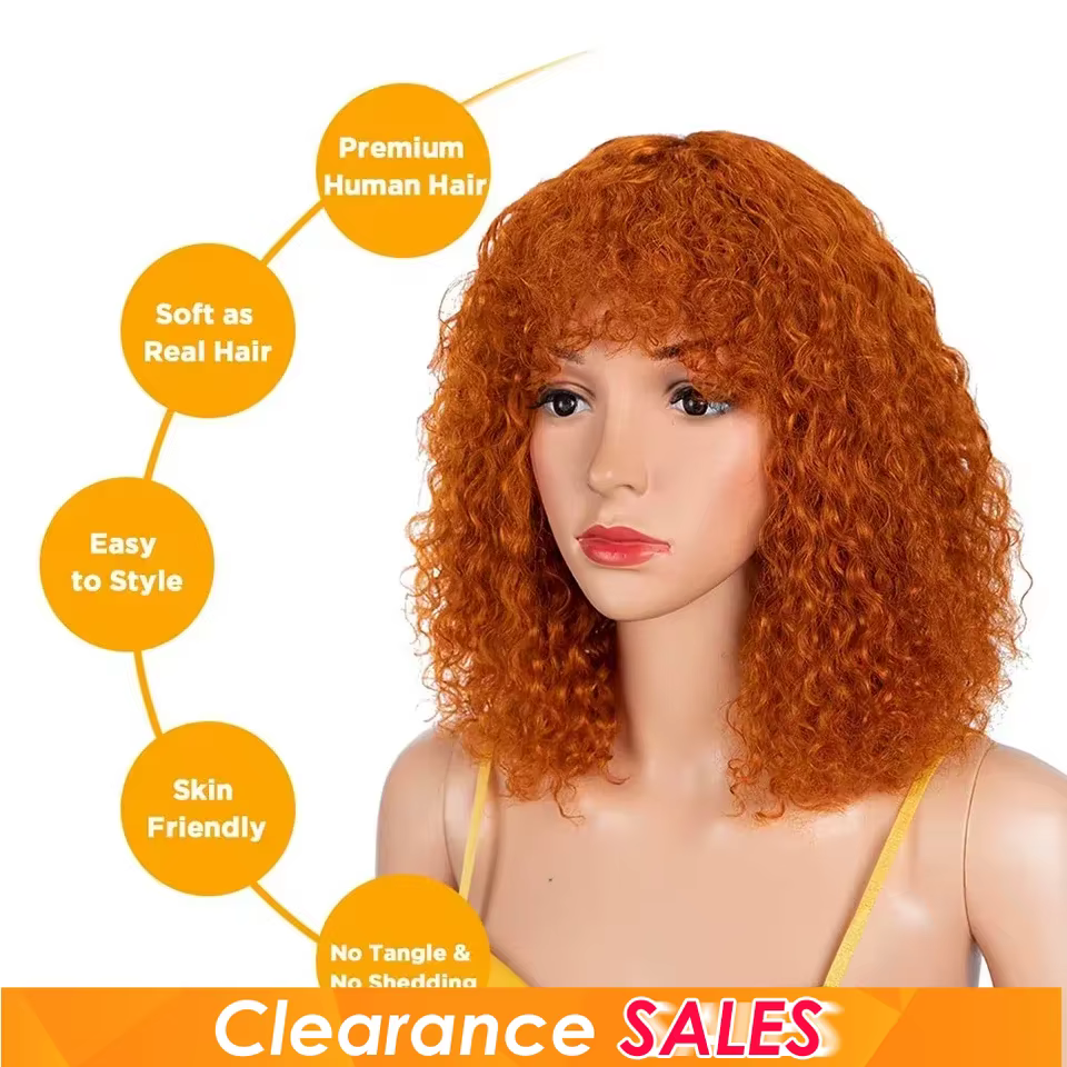 Gingembre Jerry bouclés court Pixie Bob coupe Remy perruques de cheveux humains avec frange miel blond Orange Non