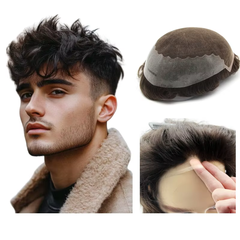 Toupet pour hommes, cheveux humains Q6 | Postiche hybride à base en dentelle + PU