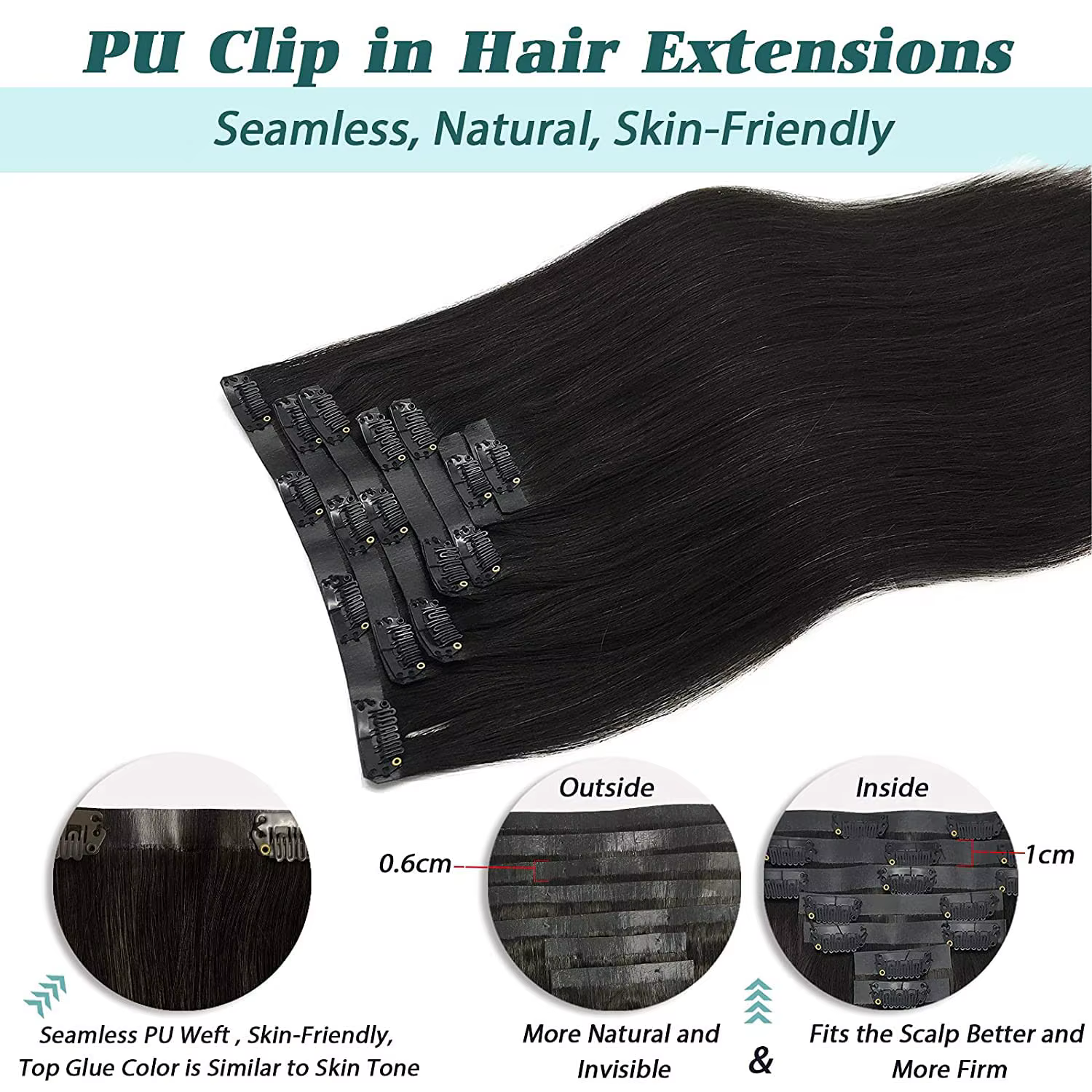 Extensions de cheveux humains à clipser en PU
