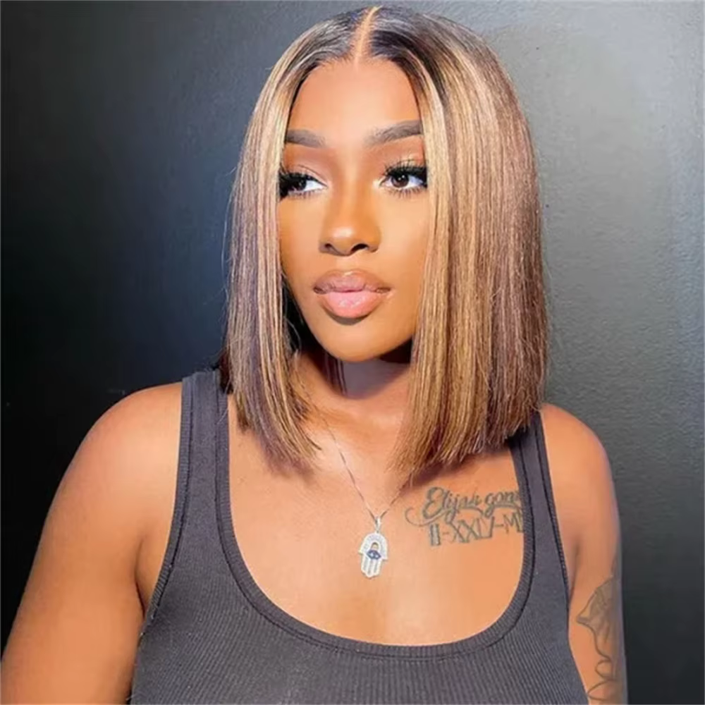 Perruque Bob Lace Front 13x4 en Cheveux Humains, Lisse, Blond Miel P4/27, Pré-épilée avec Baby Hair