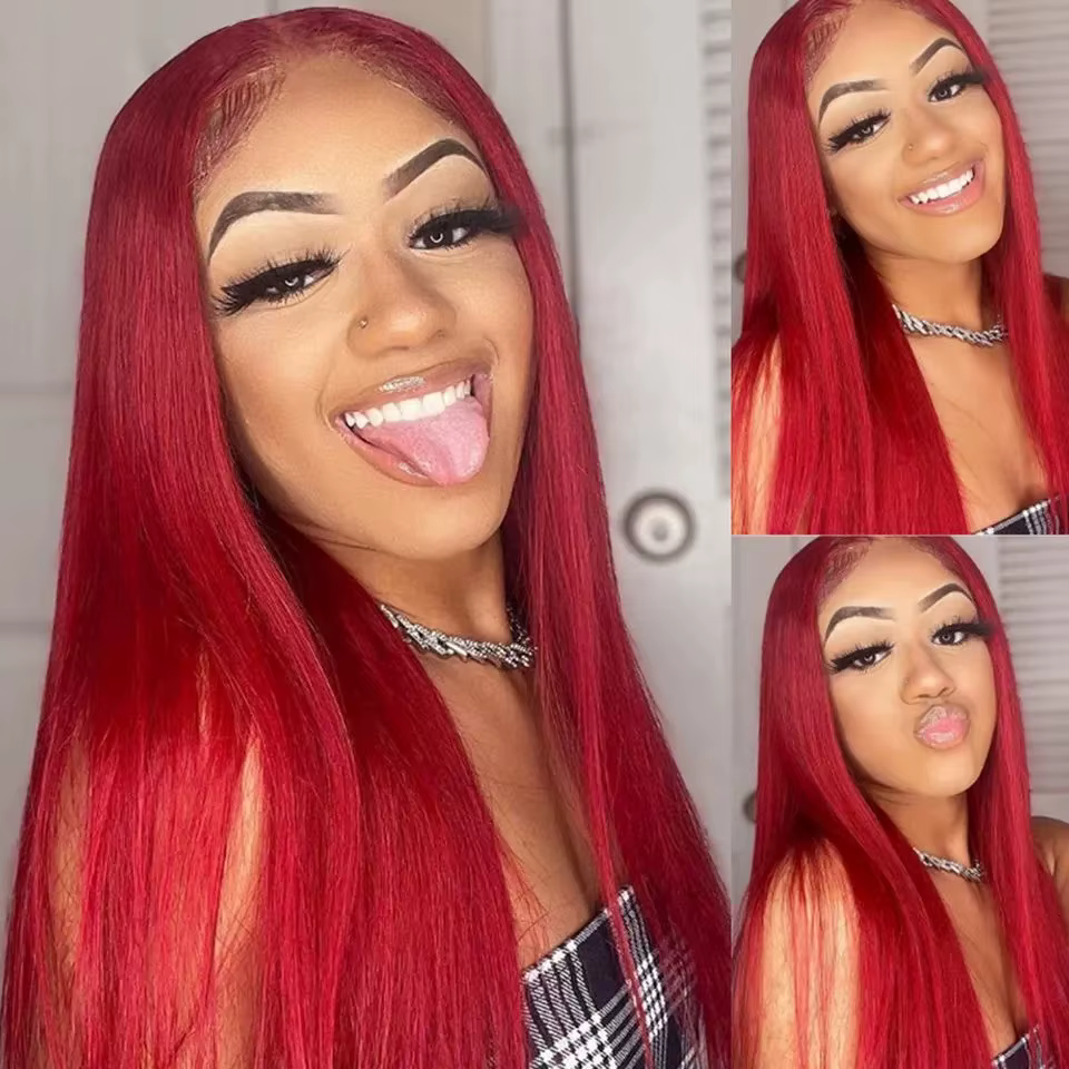 Perruque Lace Front Wig synthétique lisse et longue en soie rouge