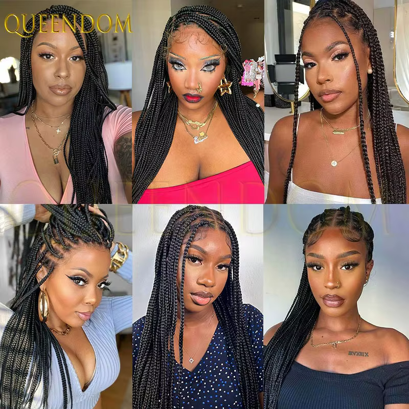 Perruques tressées synthétiques sans nœuds en boîte pleine dentelle Cornrow