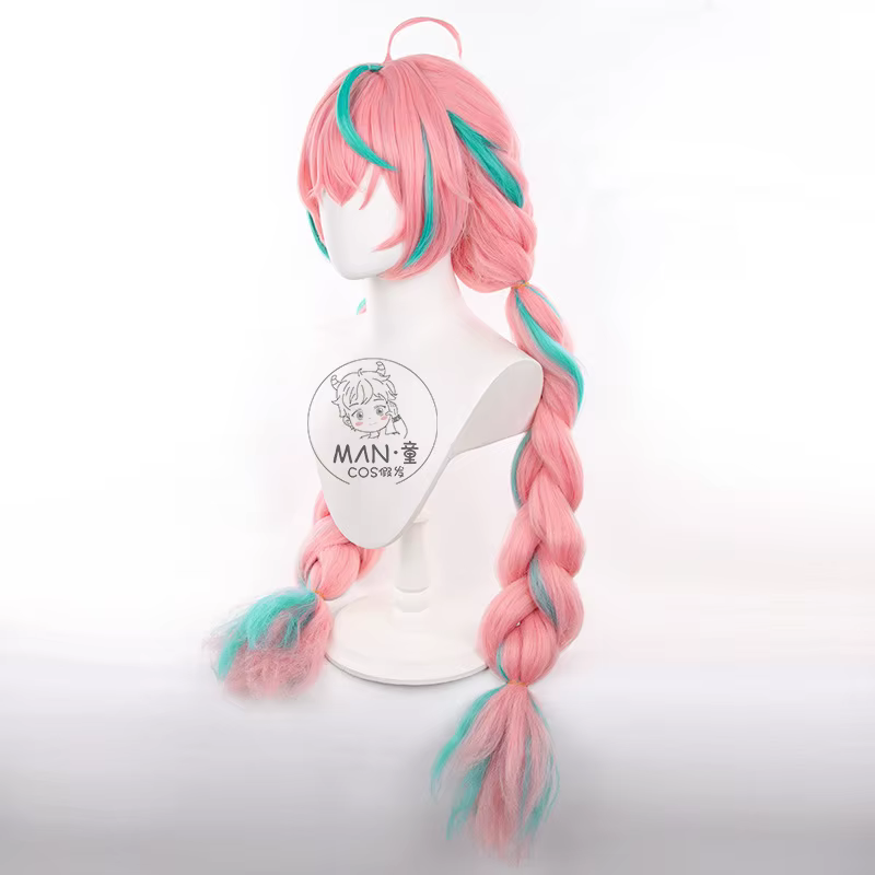 Genshin Impact Varesa Cosplay perruque 98 cm rose vert tressé coiffure