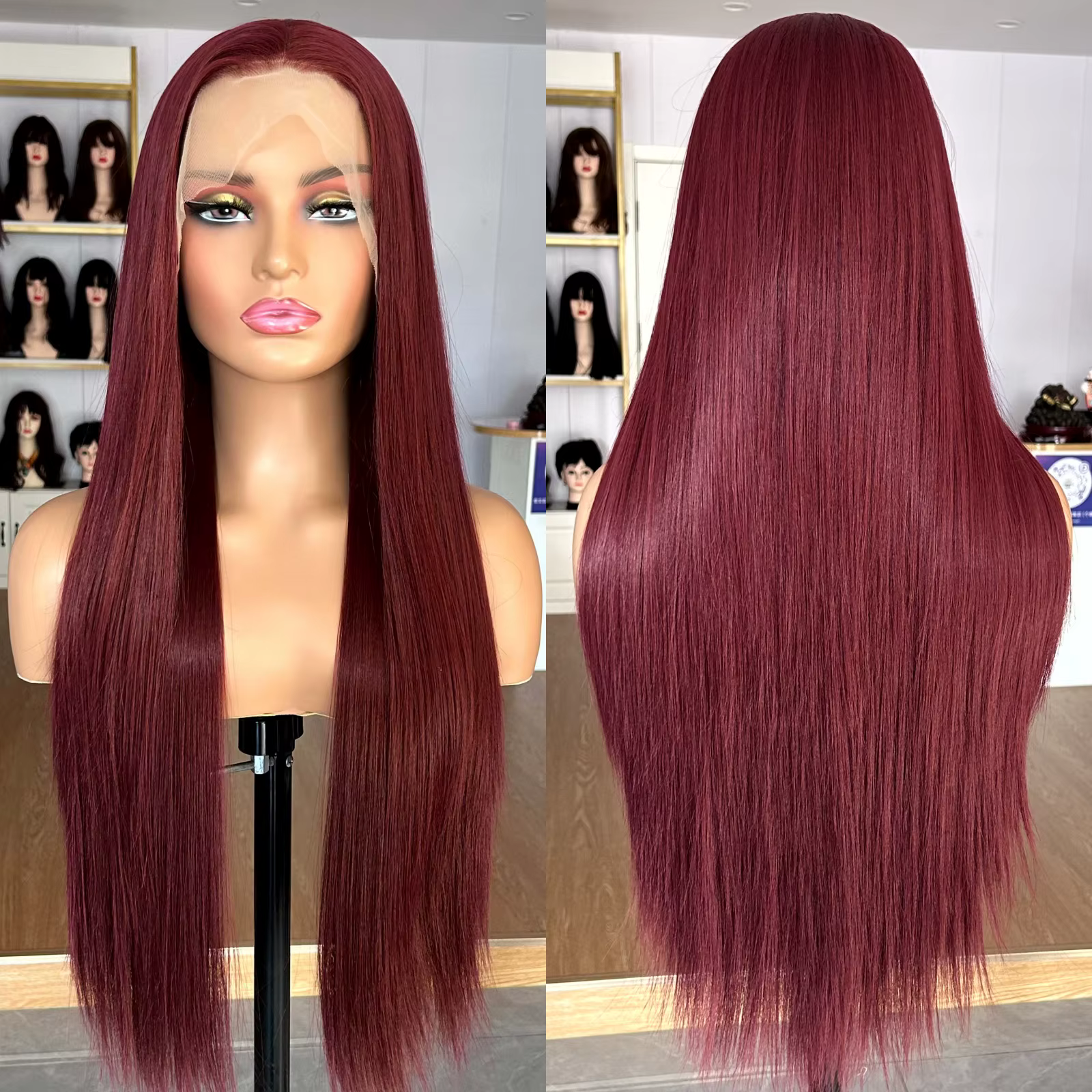 Perruque Lace Front Wig synthétique lisse et soyeuse-bordeaux