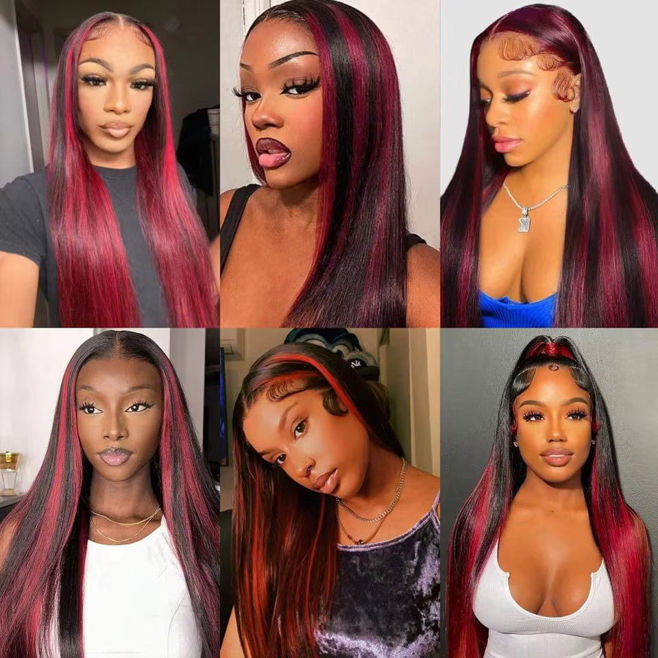 Ombre mettre en évidence bordeaux perruque cheveux humains 13x4 droite dentelle avant