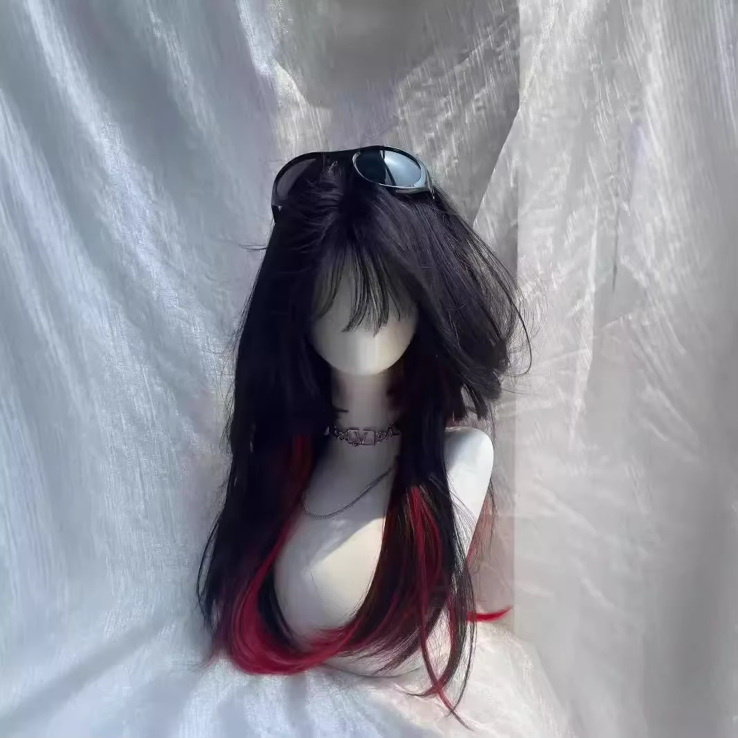 Cheveux longs et raides tehonneur en noir et rouge pour femmes