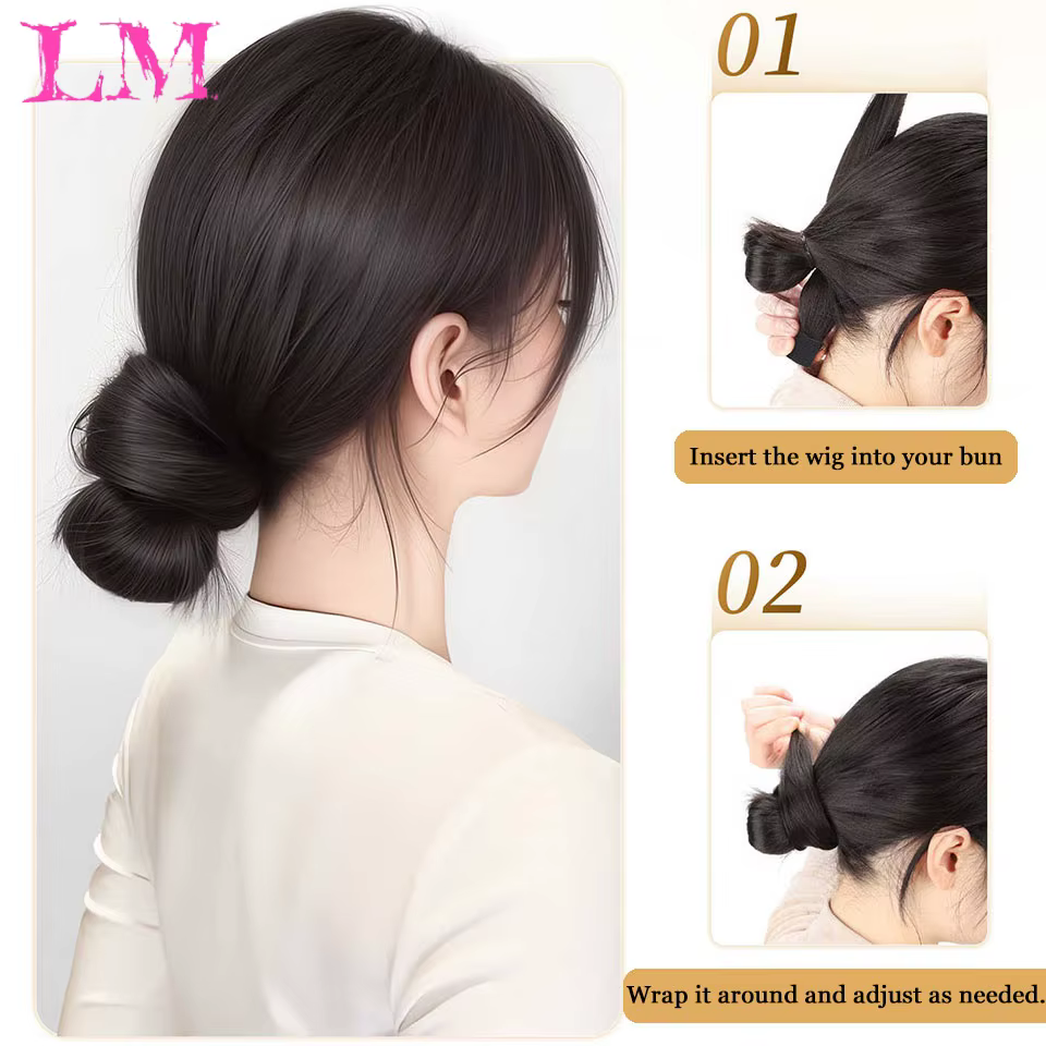 Extensions de cheveux synthétiques longues et lisses à enroulement automatique avec anneau en caoutchouc