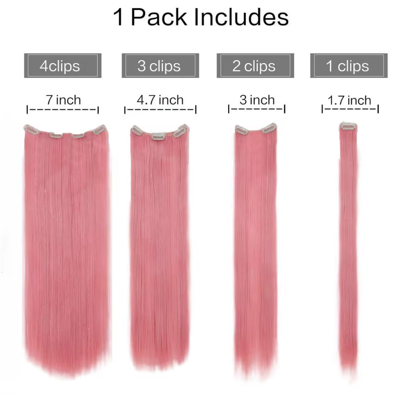 7 Clips dans les Extensions de cheveux longue coiffure droite rose 60CM