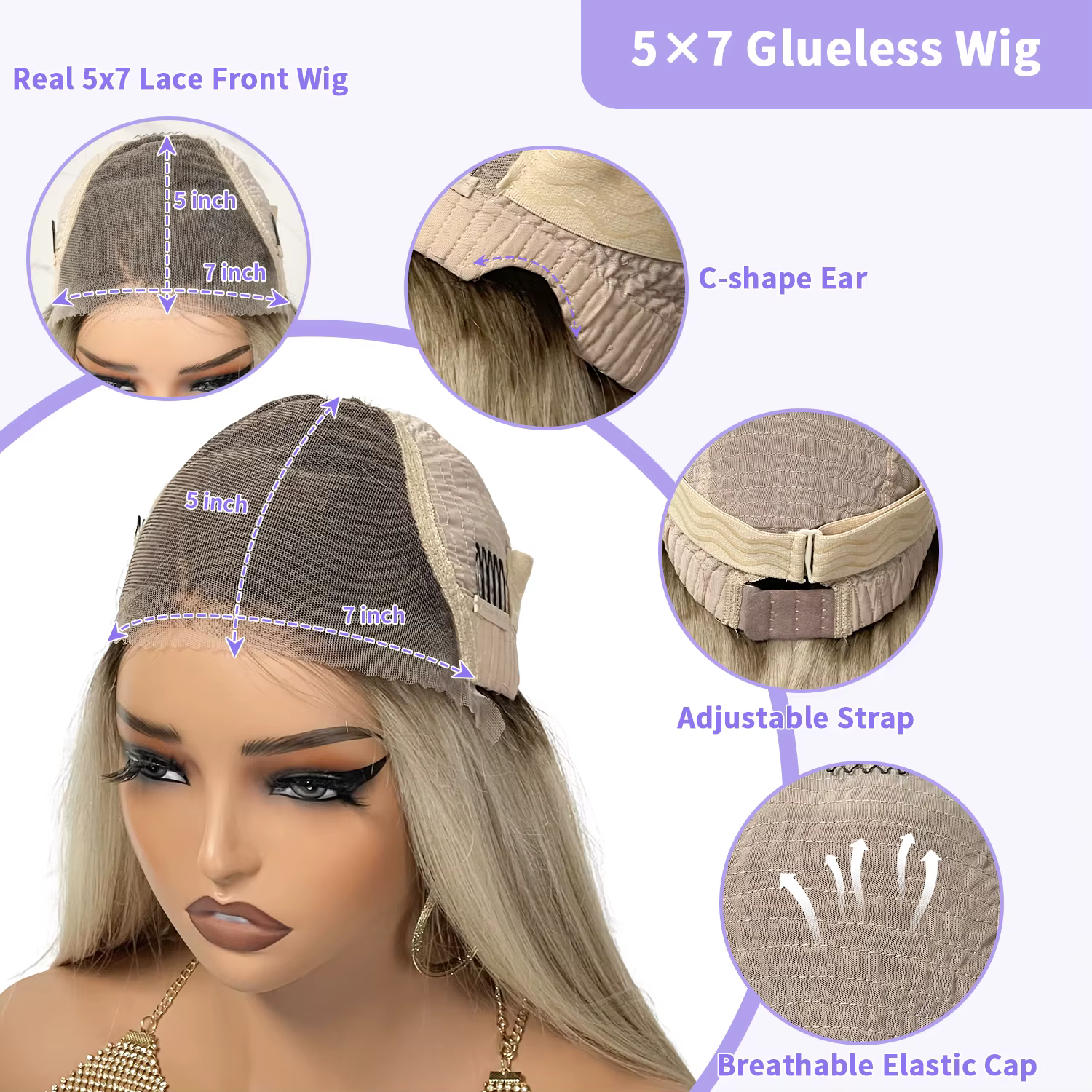 LUX VOGUE Misty Moon doré 100% perruque de cheveux humains blond cendré vagues plage flexibilité de séparation ligne