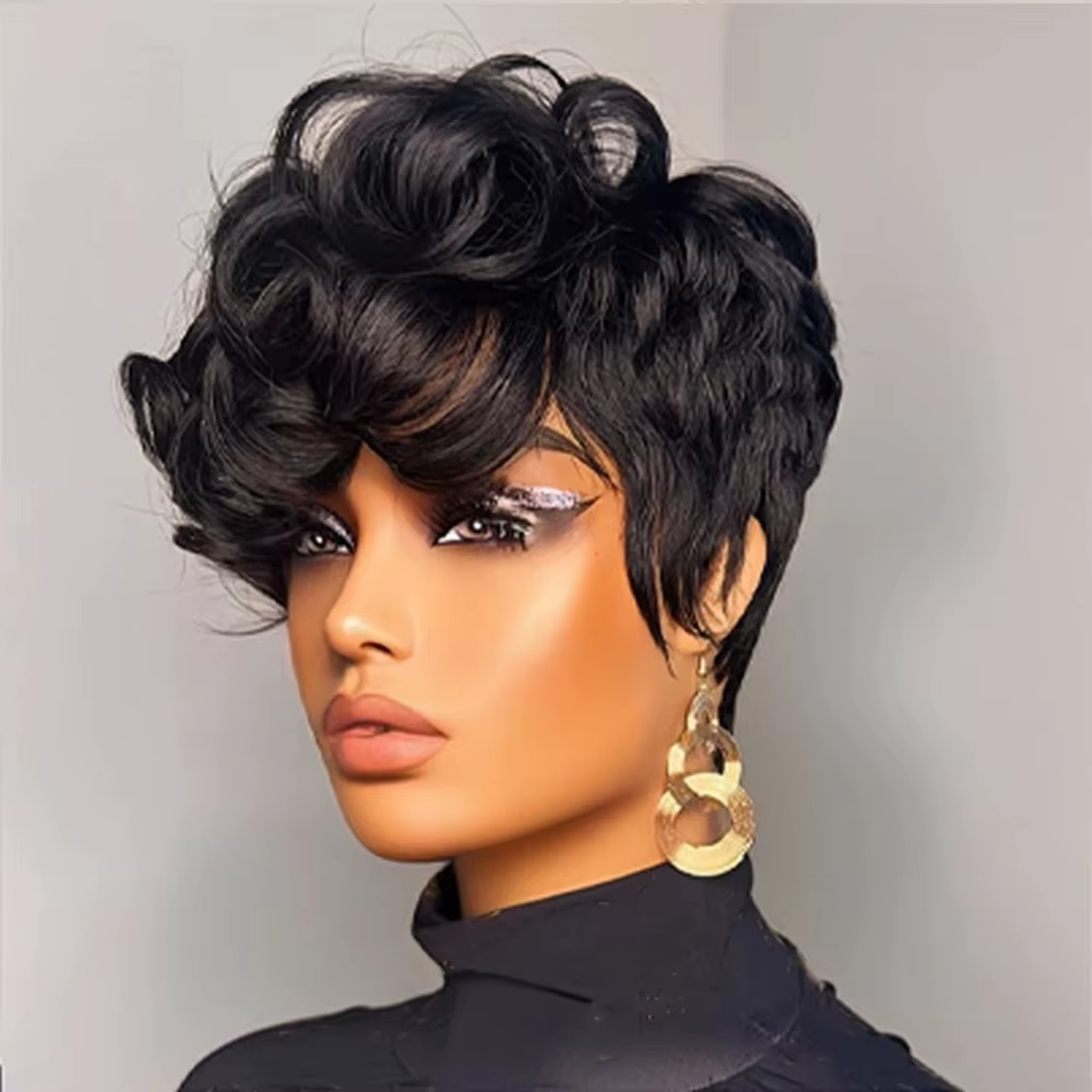 Perruque de cheveux humains coupe lutin 6 "en couches courtes bouclées lâches avec frange Remy
