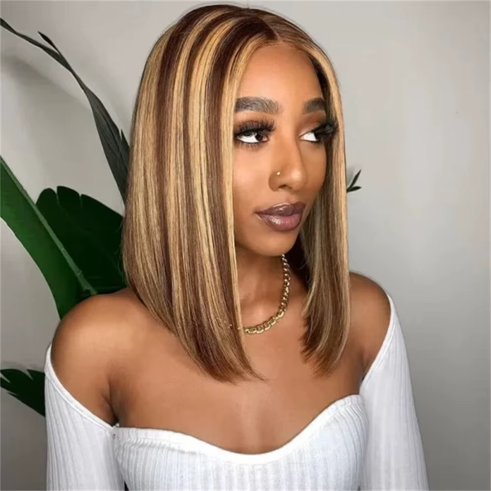 Perruque Bob Lace Front 13x4 en Cheveux Humains, Lisse, Blond Miel P4/27, Pré-épilée avec Baby Hair