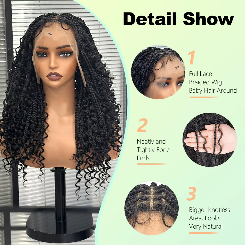 Boho boîte sans noeuds perruques tressées pleine Double dentelle courte tresse perruque pour les femmes noires cheveux