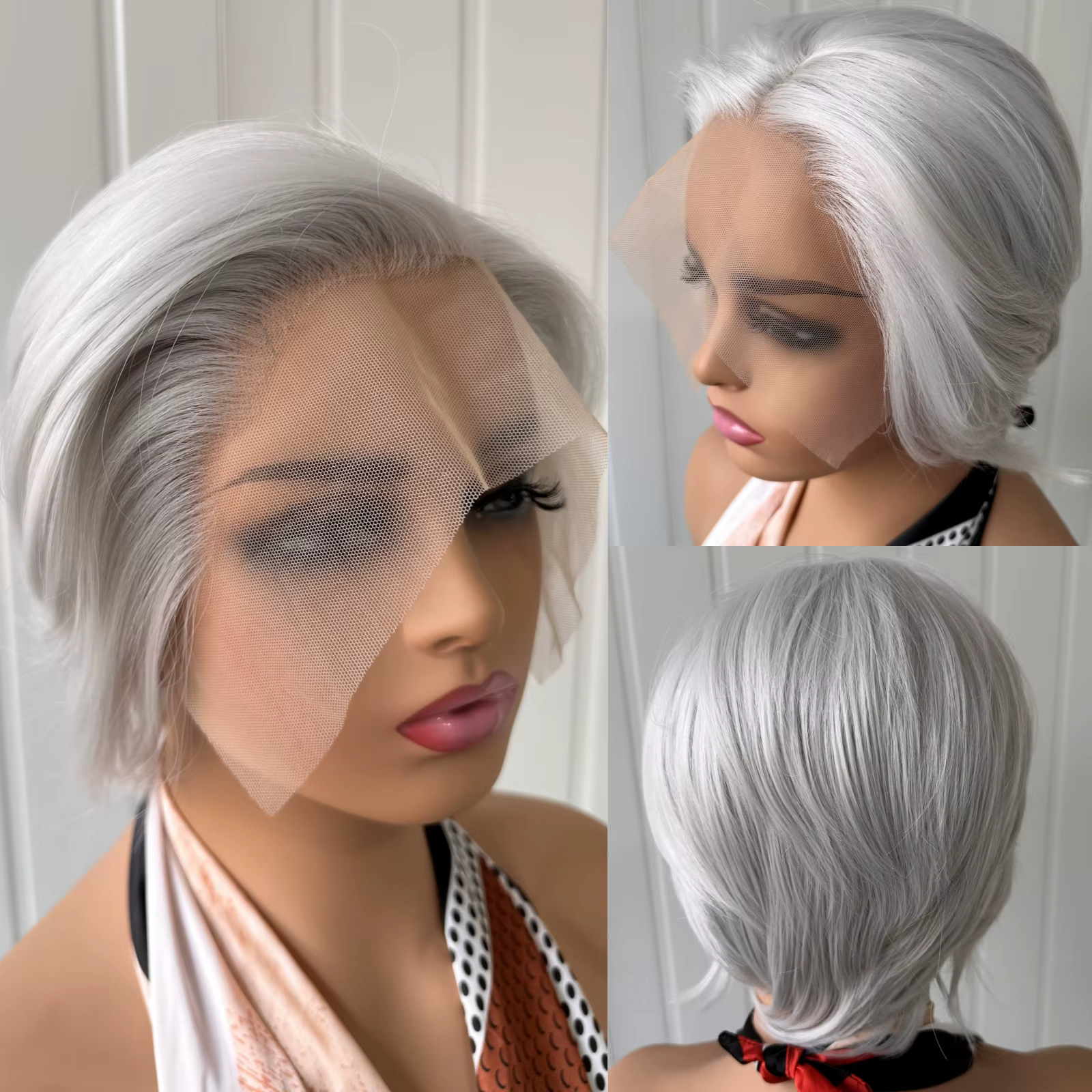 Perruque synthétique courte coupe Pixie gris argent pour femme