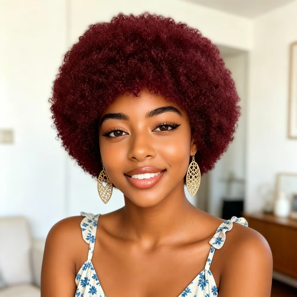 Perruque en cheveux humains bouclés afro 99J bordeaux