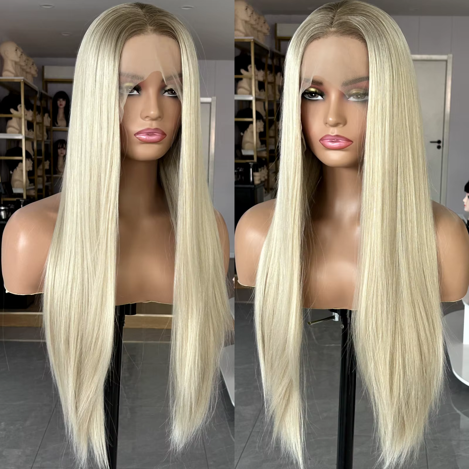 Perruque synthétique lisse longue blonde ombrée pour femmes