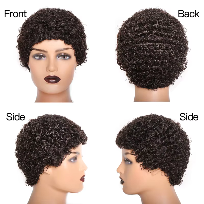 Perruques courtes crépues bouclées cheveux humains coupe lutin