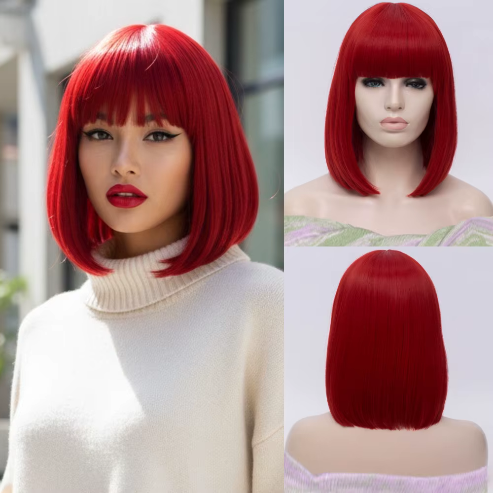 MSIWIGS femmes synthétiques droites courtes rouge Bob perruques avec frange Cosplay perruque femme
