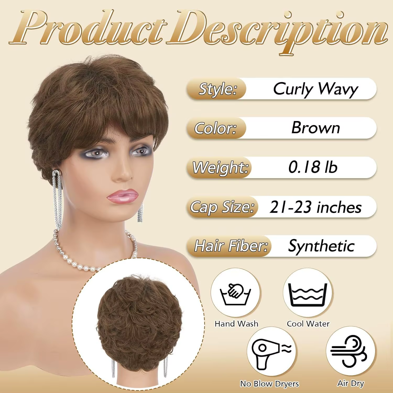 Perruque synthétique pour femmes européennes et américaines : marron