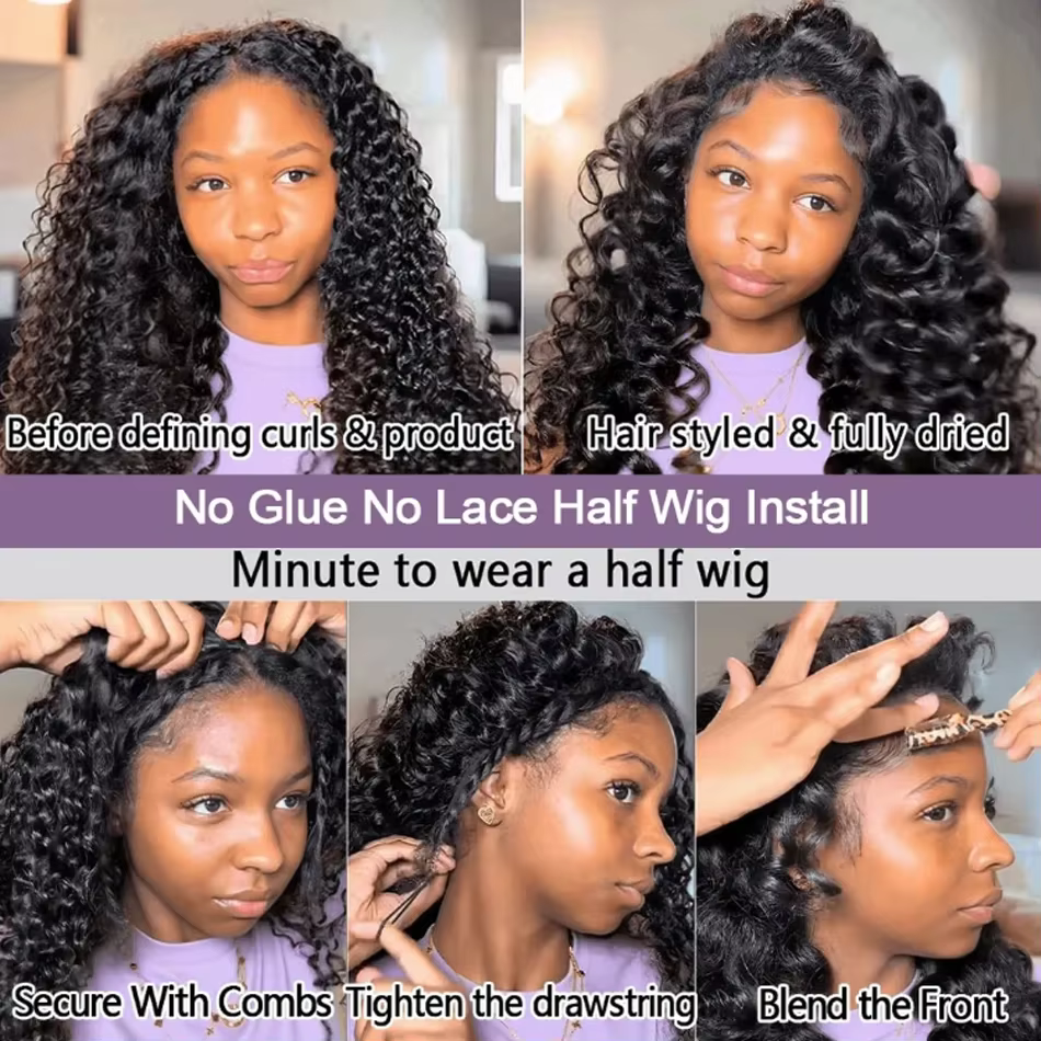 Perruque mi-tête bouclée en cheveux humains 250% densité