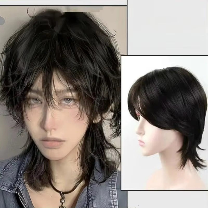 Perruque de cosplay synthétique courte et droite, style queue de loup, résistante à la chaleur, avec frange, pour hommes et femmes, thème anime, pour fête