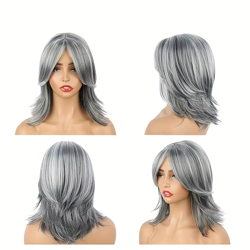 Perruque synthétique courte ondulée gris argenté pour femme