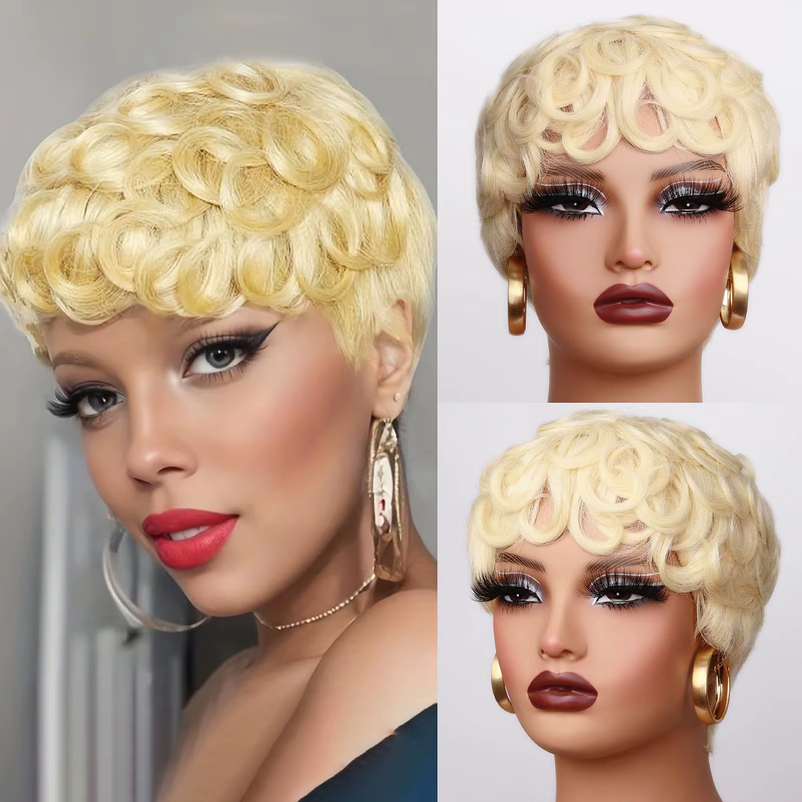 613 miel blond bouclés coupe lutin perruque 100% cheveux humains avec frange courte bouclés perruques de cheveux humains pour les femmes fabriqués à la Machine