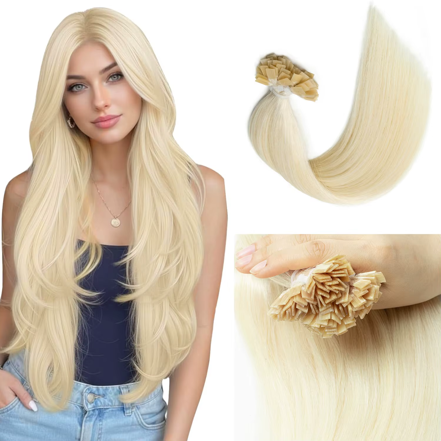 Extensions de cheveux humains blond platine à pointe plate
