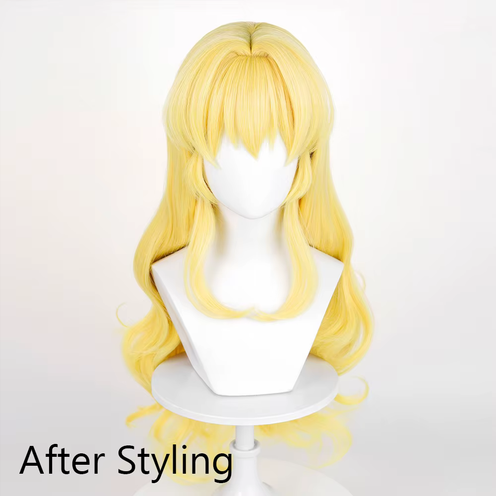 Perruques synthétiques de Cosplay de jeu d'anime jaune avec frange