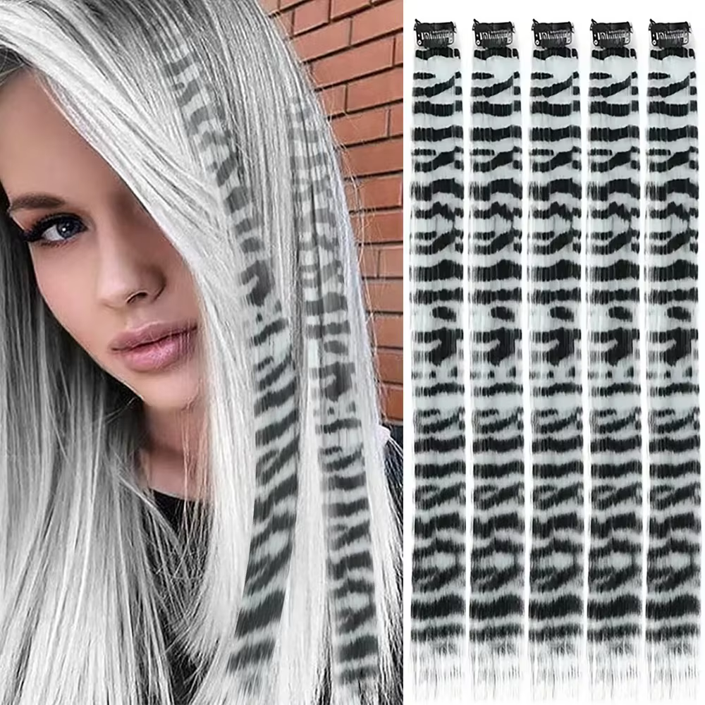 Extensions capillaires synthétiques colorées à clips imprimés à rayures