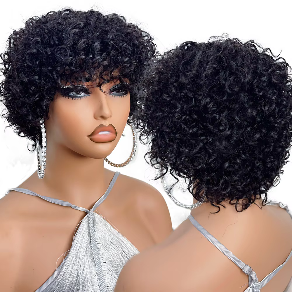 Perruques de cheveux humains coupe lutin pour les femmes noires Afro Rose bouclés Funmi