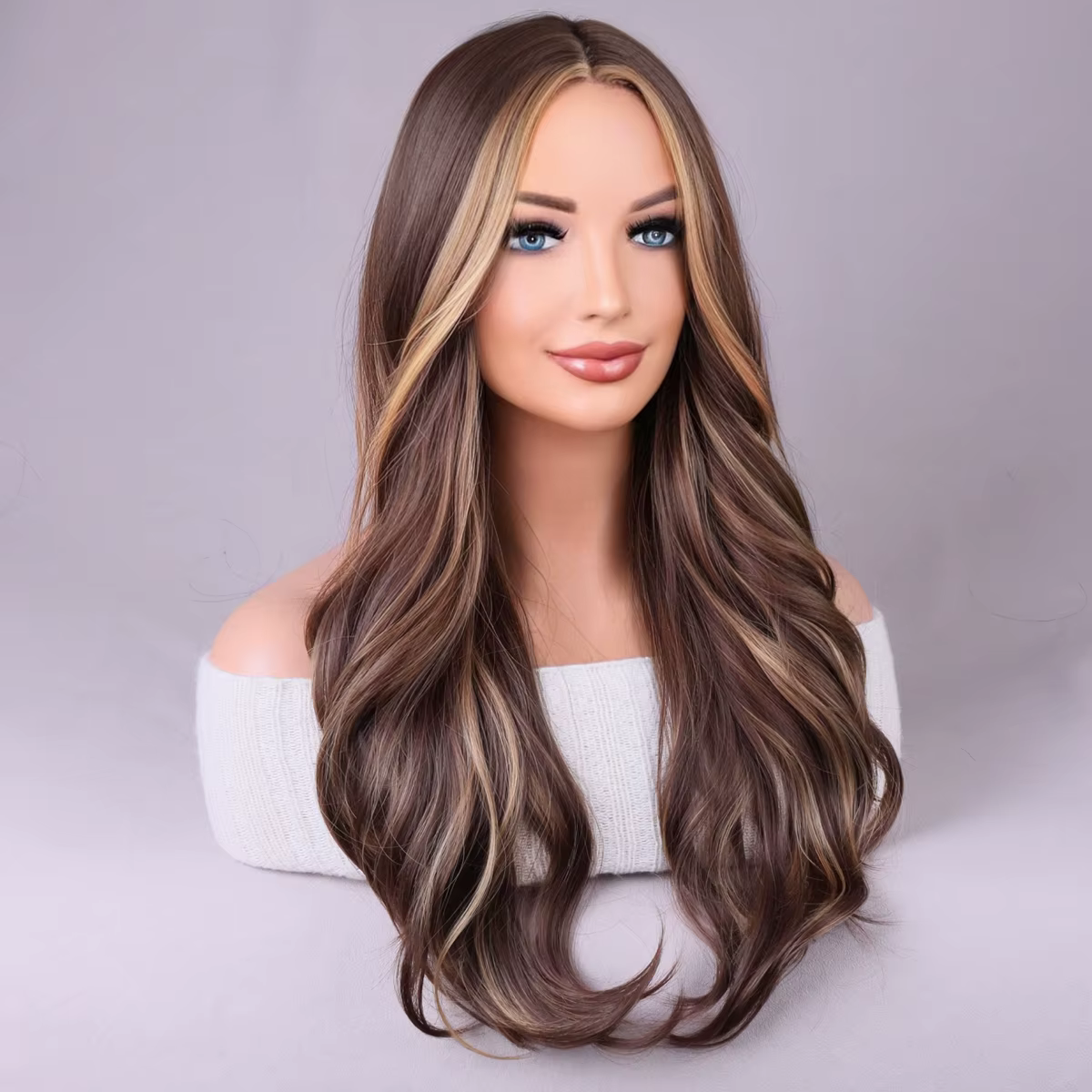 Perruque ondulée longue à reflets bruns mélangés pour femmes, perruque synthétique bouclée naturelle en Fiber résistante à la chaleur pour un usage quotidien