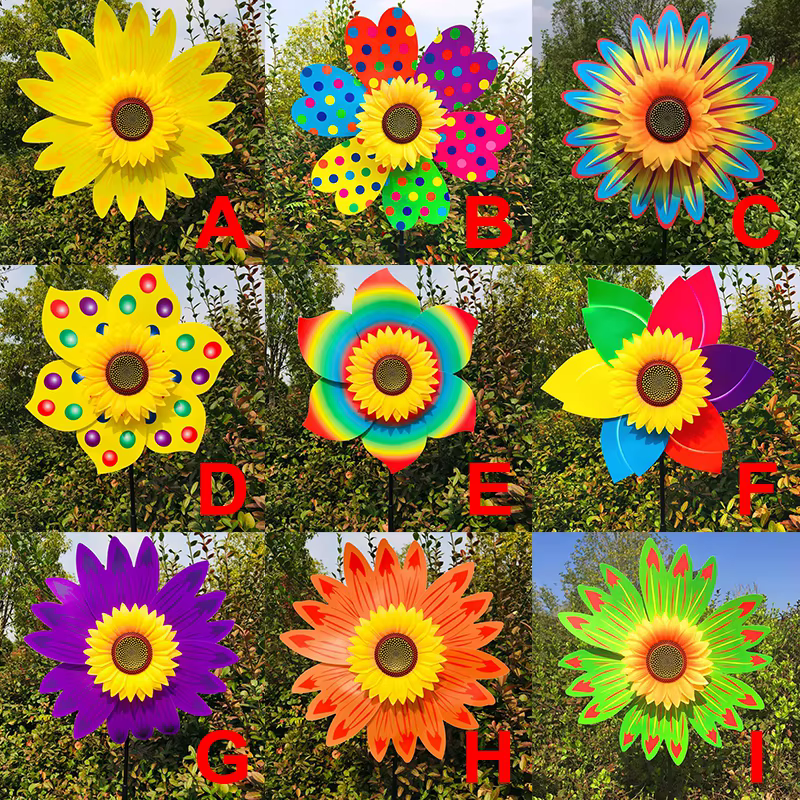 Piquet rotatif de moulin à vent de tournesol, moulinet de fleur de pelouse debout, décor de pique-nique de cour de jardin, fête en plein air