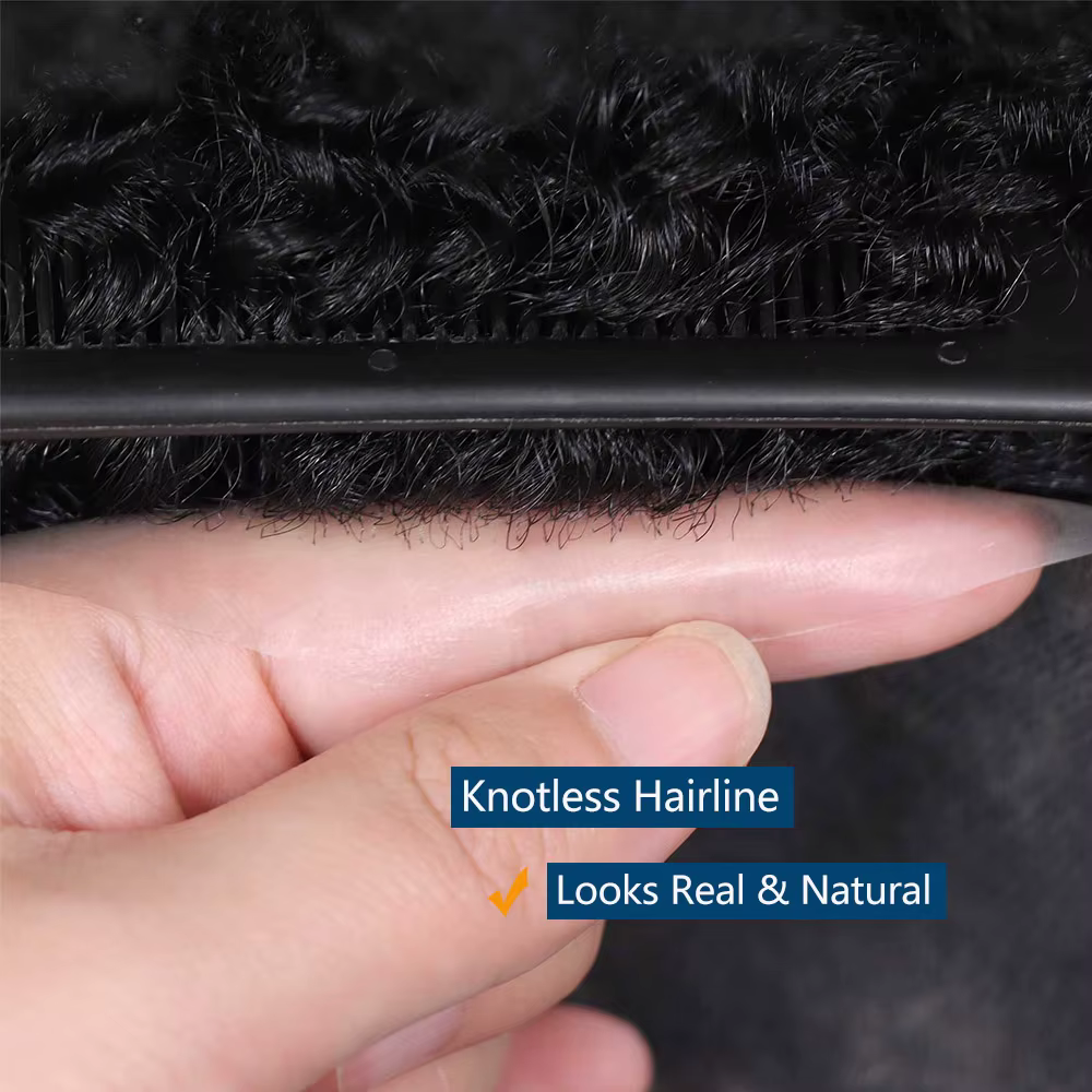 Afro bouclés toupet pour hommes peau mince pleine PU prothèse de cheveux humains 8mm africain mâle