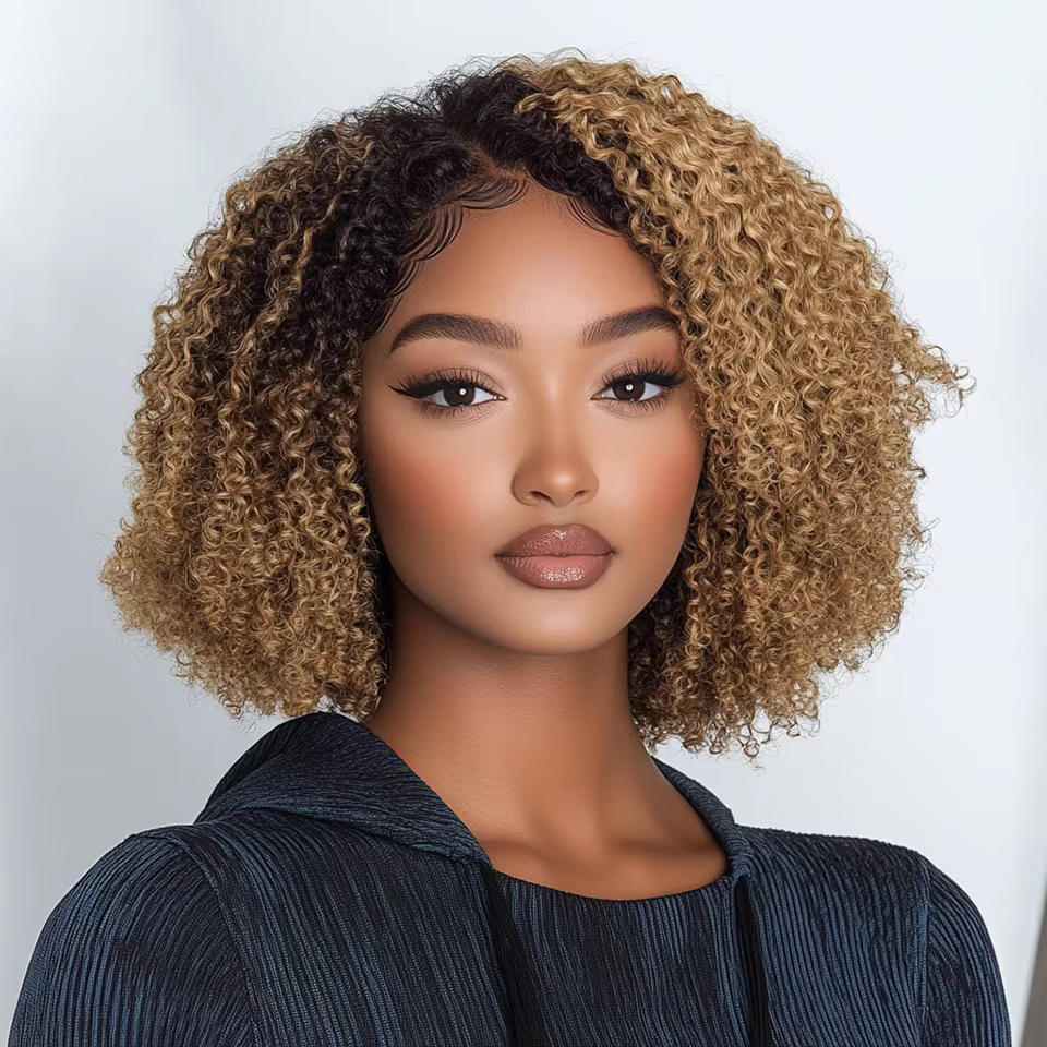 Perruque Bob Cheveux Humains Bouclés Crépus Ombré Brun 13x5x1 T Lace Frontal Densité 180% 10 Pouces Pré-Pluckée Sans Colle Noir Naturel pour Femmes