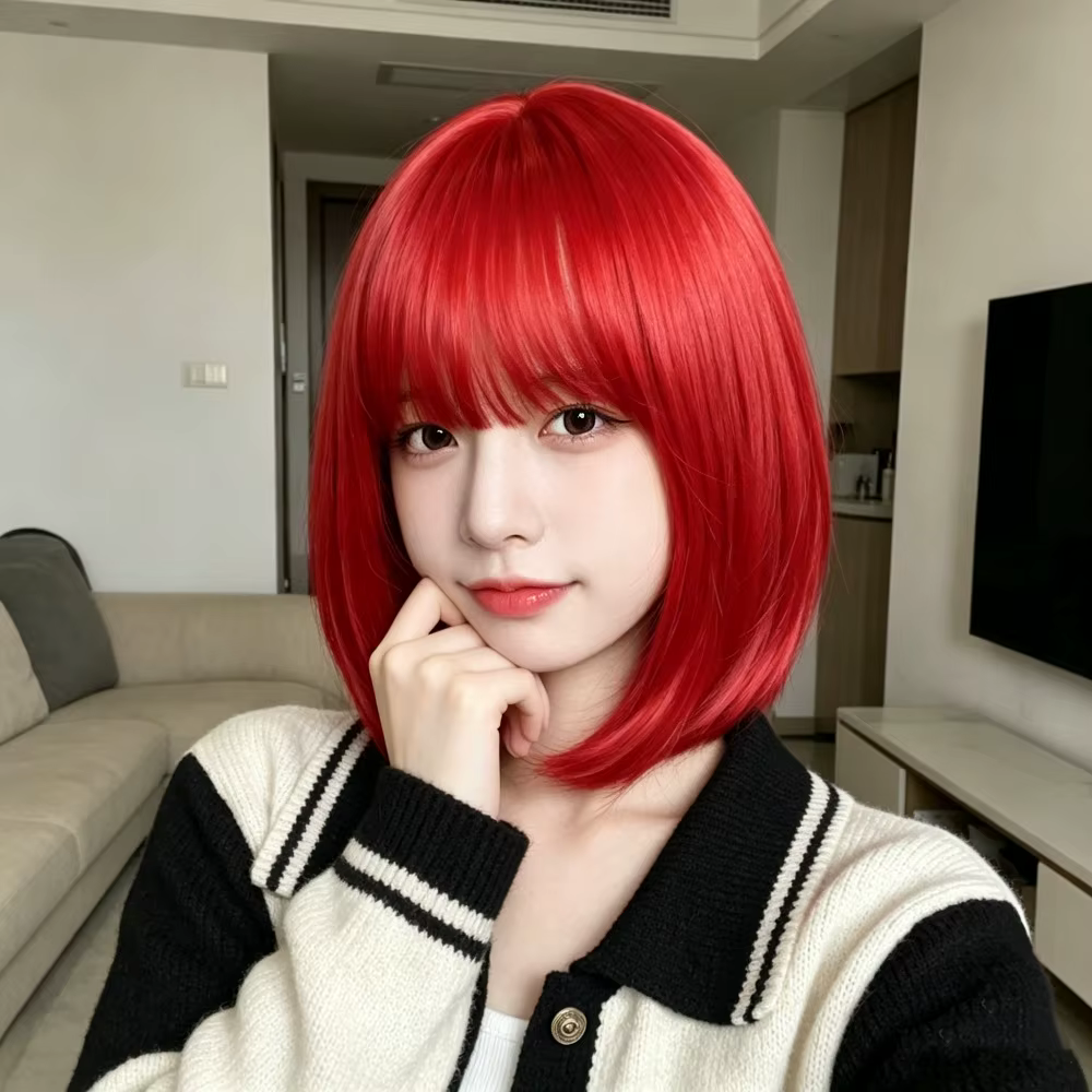 Perruque bob rouge, cheveux synthétiques