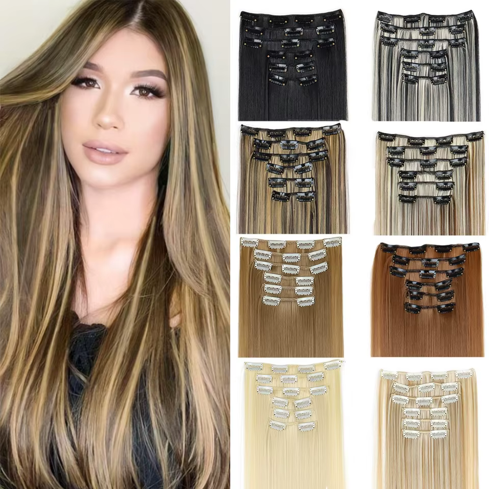 Extensions de cheveux synthétiques à clipser, mèches blondes longues et lisses, postiches complètes épaisses pour femmes et filles, lot de 6 pièces
