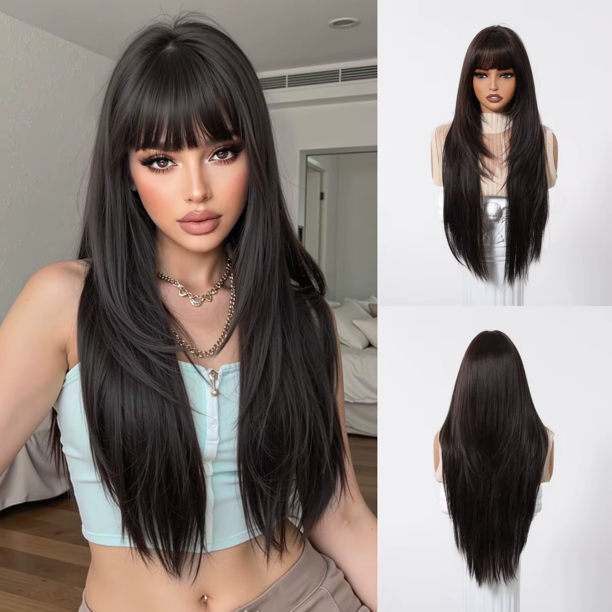 LOUIS FERRE perruque en fibres synthétiques pour femmes longue ligne droite soyeuse quotidien élégant perruques noir brun faux cheveux avec frange haute résistance