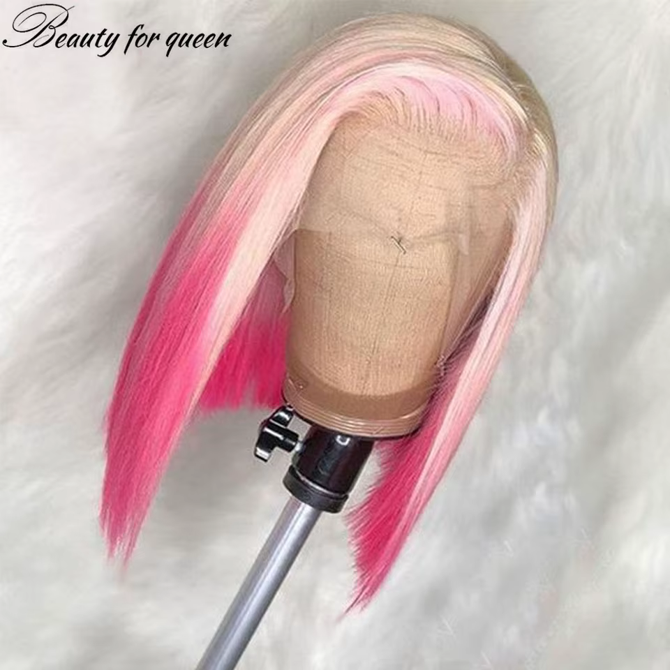 Perruque Bob Lace Front Wig naturelle lisse, cheveux blond miel 613 rose 13x4, perruque Bob courte ombrée de couleur rose, pre-plucked